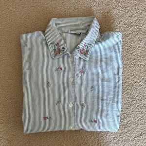 Vintage Striped Floral Embroidered Button-Up Shirt